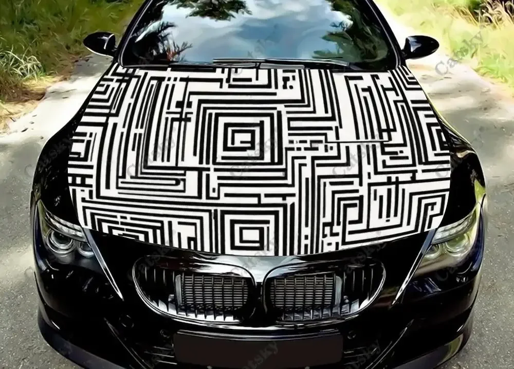 Minimalist Maze With Lines Art Car Hood Decal Car Decals Vinyl Sticker Graphic Wrap Decal Truck Graphic Bonnet Decals