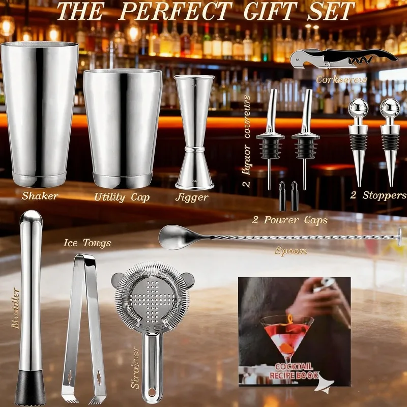 14Pcs Stainless Steel Bartender Tool Kit Dual Size Boston Shaker 20oz&25oz Complete Bar Accessories With Display Stand For Bar C