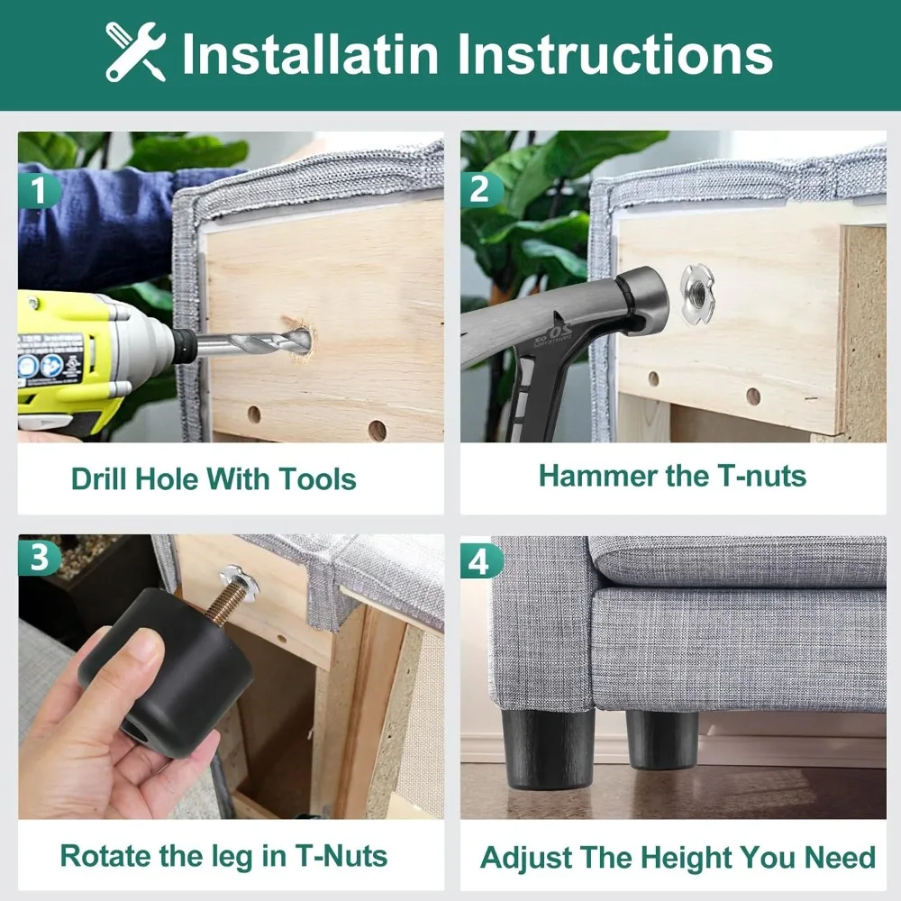 Patas de plástico para muebles de 1-1/2 pulgadas, patas de mesa cónicas redondas, patas de sofá negras, patas de repuesto con pernos de suspensión M8 para mesa de sofá