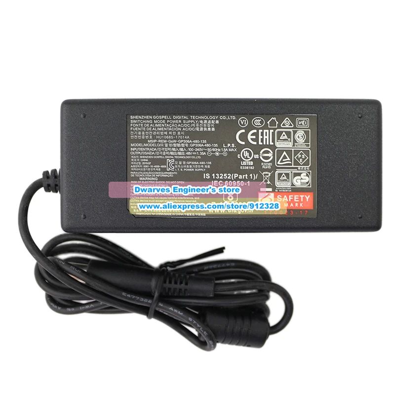 حقيقي GP306A-480-135 محول التيار المتردد 48 فولت 1.35A 65 واط MSIP-REM-GSW-GP306A ل Uniview NVR201-04LP GOSPELL HU10685-17014A 7.4*5.0 مللي متر