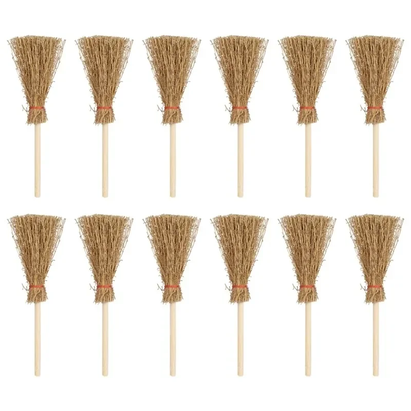 6/12 Pcs Mini Broom Witch Straw Brooms DIY Hanging Ornaments for Halloween Party Decoration Costume Props Dollhouse Accessories