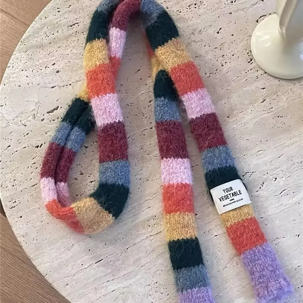 Fashion Y2K Striped Scarf Knitted Wool With Warm Color Splicing Contrast Sausage Thin Scarf Long Narrow Scarves Winter