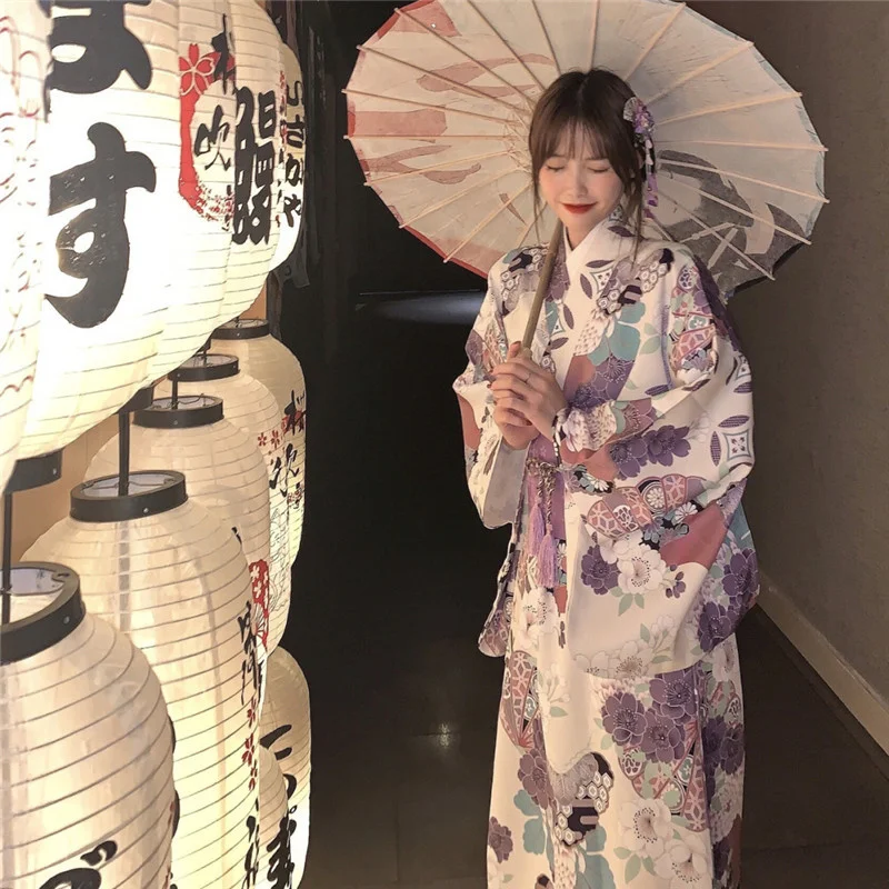 Divine Sakura Girl Kimono Dress Japanese Style Yukata Bathrobe Women Floral Print Haori Japan Uniform Cosplay Costume