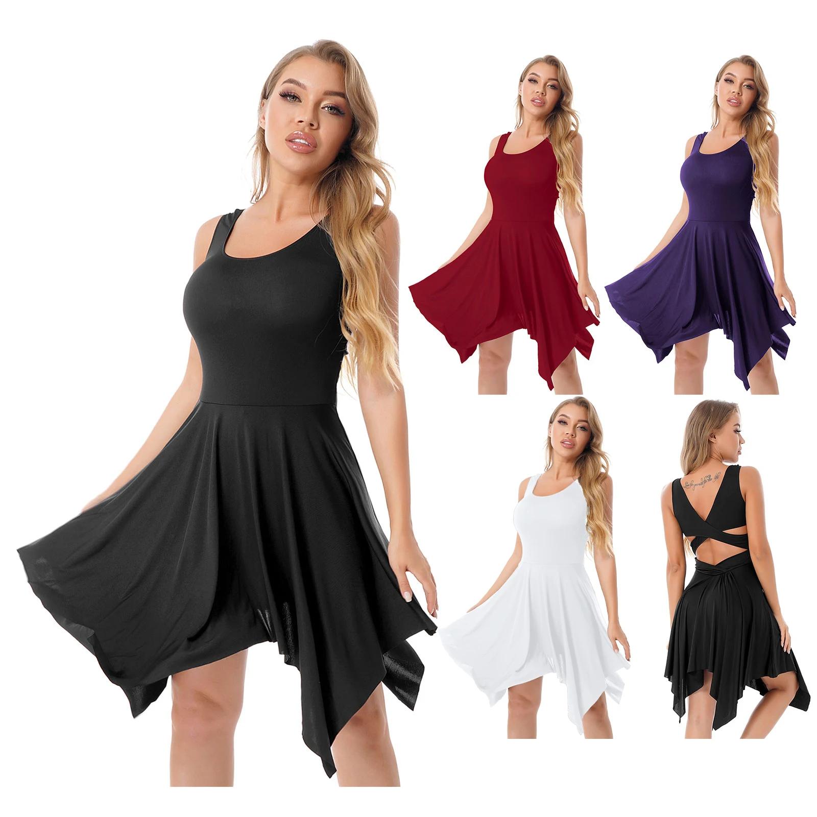 Women Asymmetrical Hem Lyrical Dance Dress Ballet Ballroom Dance Dresses Sleeveless Hollow Out Back Stage Performance Dancewear