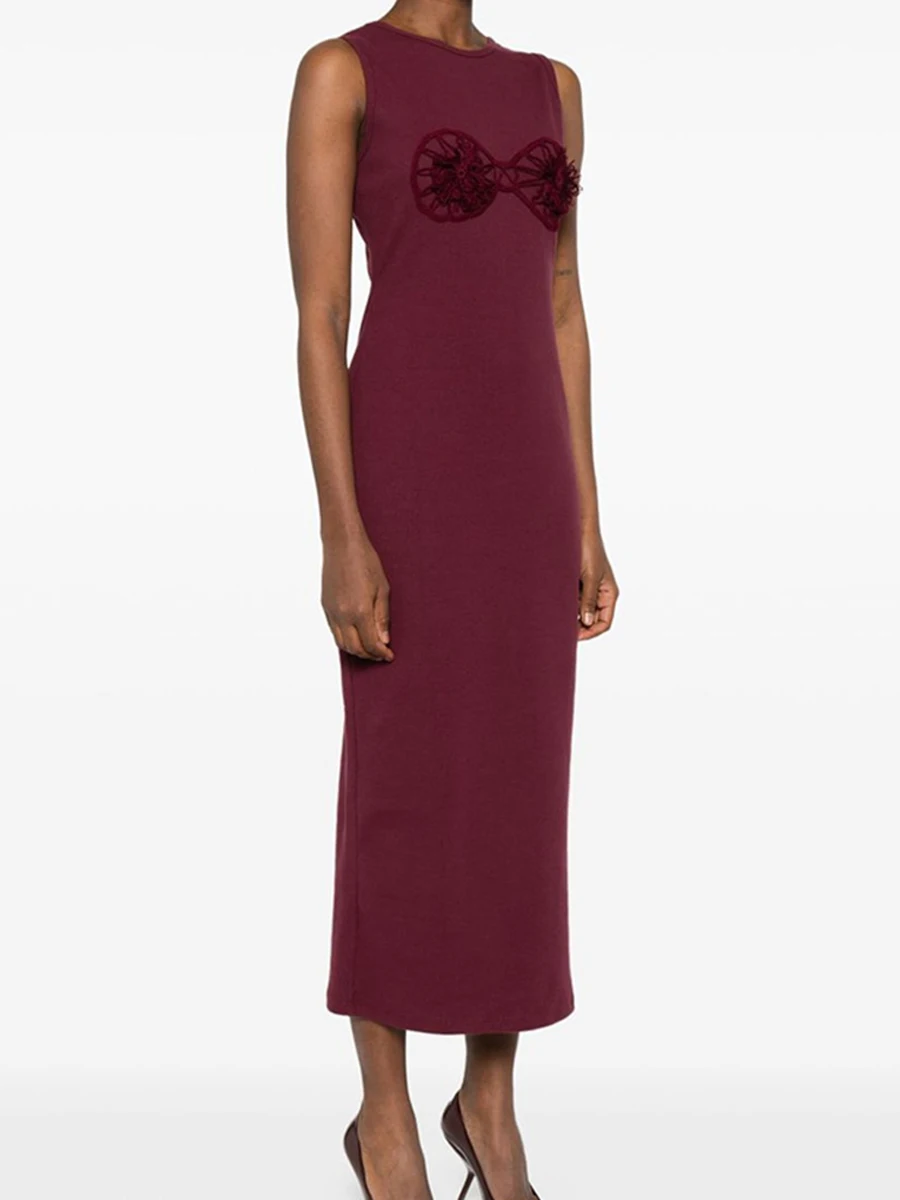 Twotwinstyle 固体痩身スプライシングアップリケロングドレス女性のためのラウンドネックノースリーブミニマリストドレス女性服新