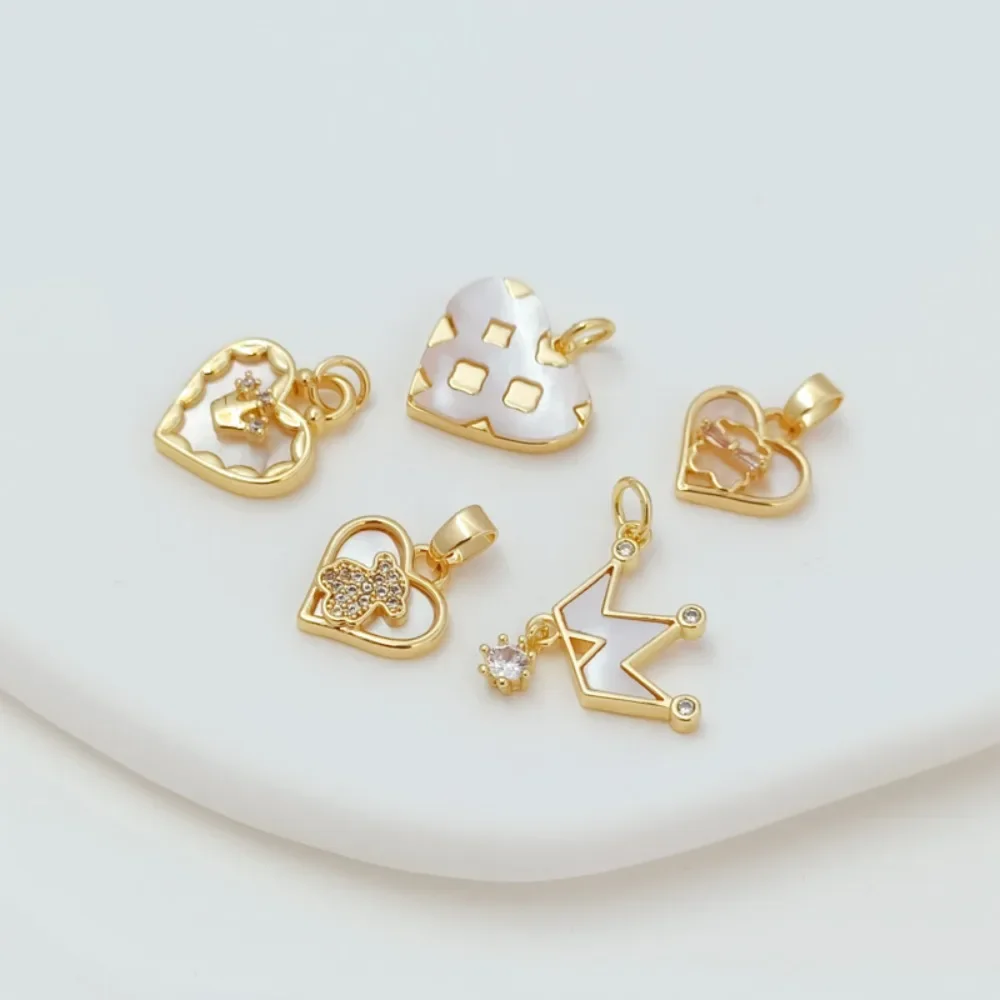 

14K Copper Plated Gold Zircon Pasted White Butterfly Shell Heart-shaped Crown Pendant DIY Handmade Jewelry Accessory