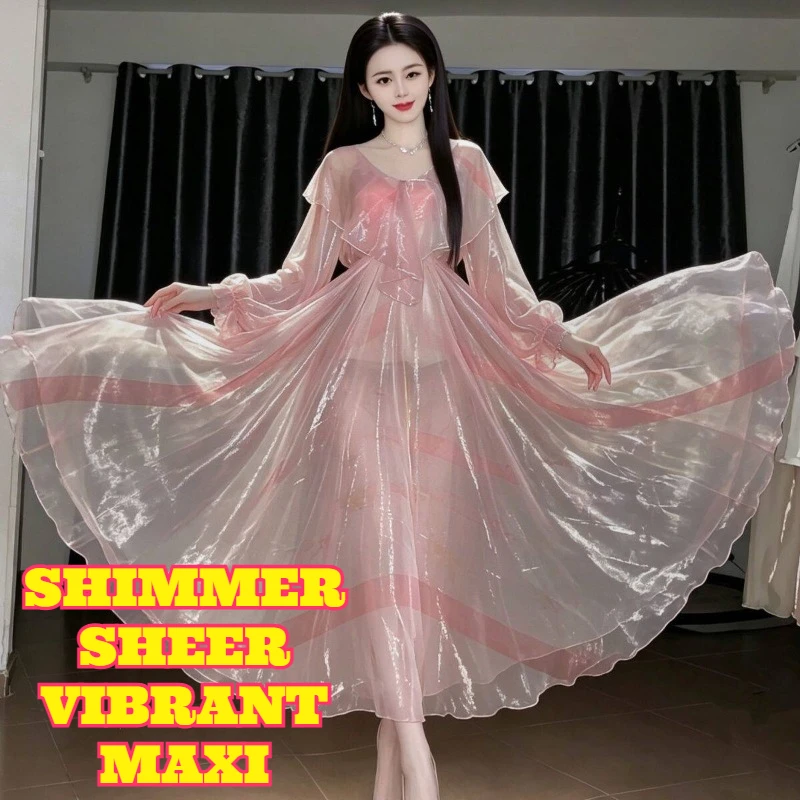 Sexy Transparentes Schimmerndes Maxikleid für Damen Durchsichtiges Fließendes Langes Party-Club-Kleid Elegantes Lebendiges Weiches Ausgestelltes Abend-Cocktail-Resort-Kleid