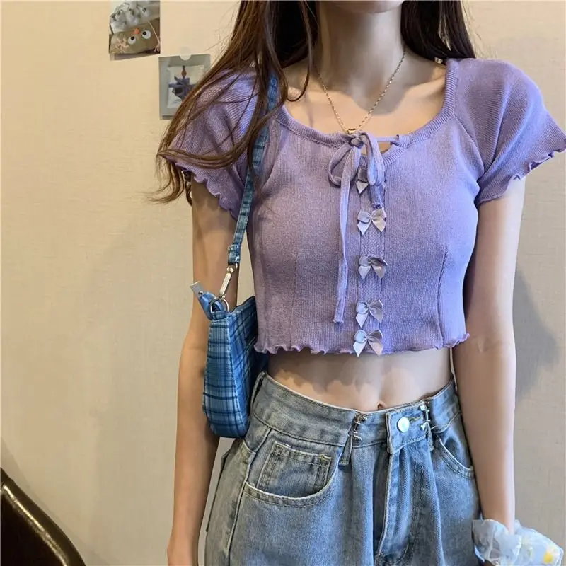 

Short-sleeved T-shirt for Women in Summer 2025 New Korean Style Slim Fit Slim Tight Knitted Sweater Top