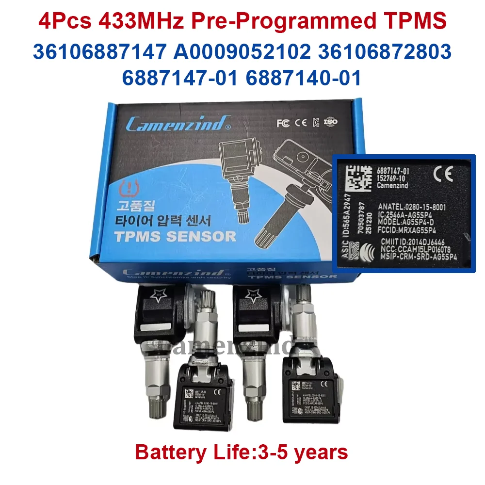 Image of 4 Stück 36106887147 36106872803 6887147-01 6887140-01 A0009052102 0009052102 TPMS Reifendrucksensor für BMW 5 G30 G31 G38 F90 M5 6 G32 GT 7 G11 G12 X3 G01 X4 G02 X5 G05 Mercedes-Benz VS30 W177 W247