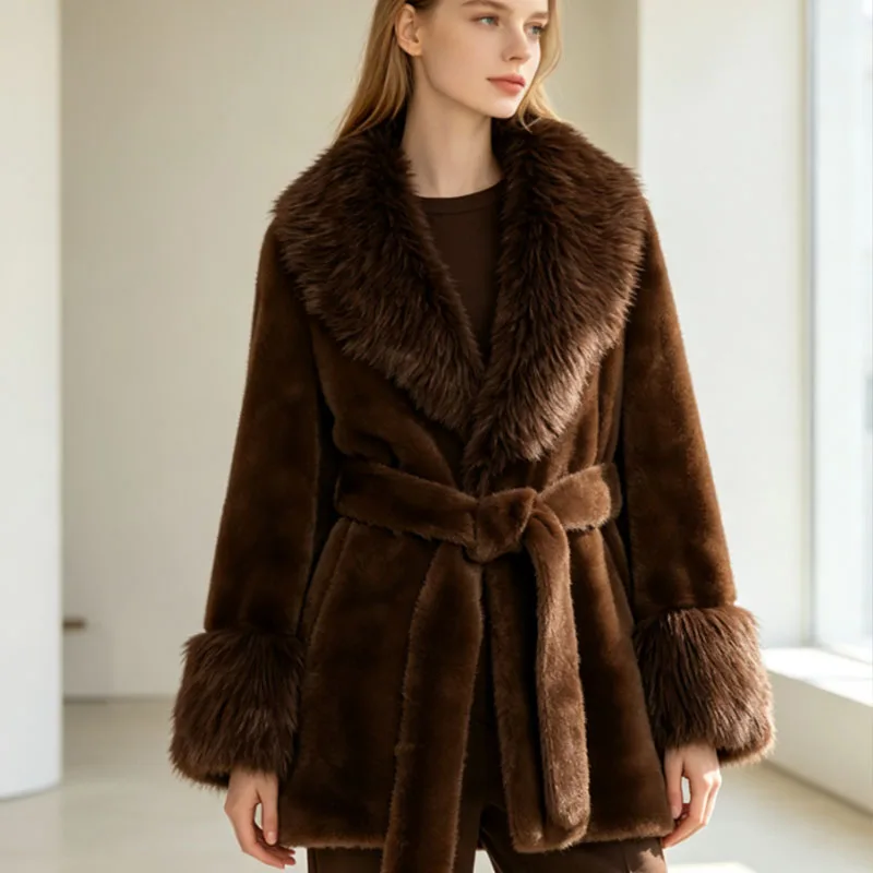 Women's dark brown faux fur coat with belt design, fuzzy cuffs, loose mid-length fit, warm and fluffy winter jacket