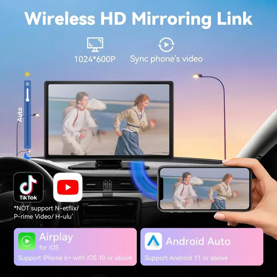 شاشة Carplay للسيارة، 9 شاشات أوتوماتيكية تعمل بنظام Android مع كاميرا داشكام بدقة 4K، شاشة Apple Carplay للسيارة مع كاميرا احتياطية 1080 بكسل، لين مرآة #5