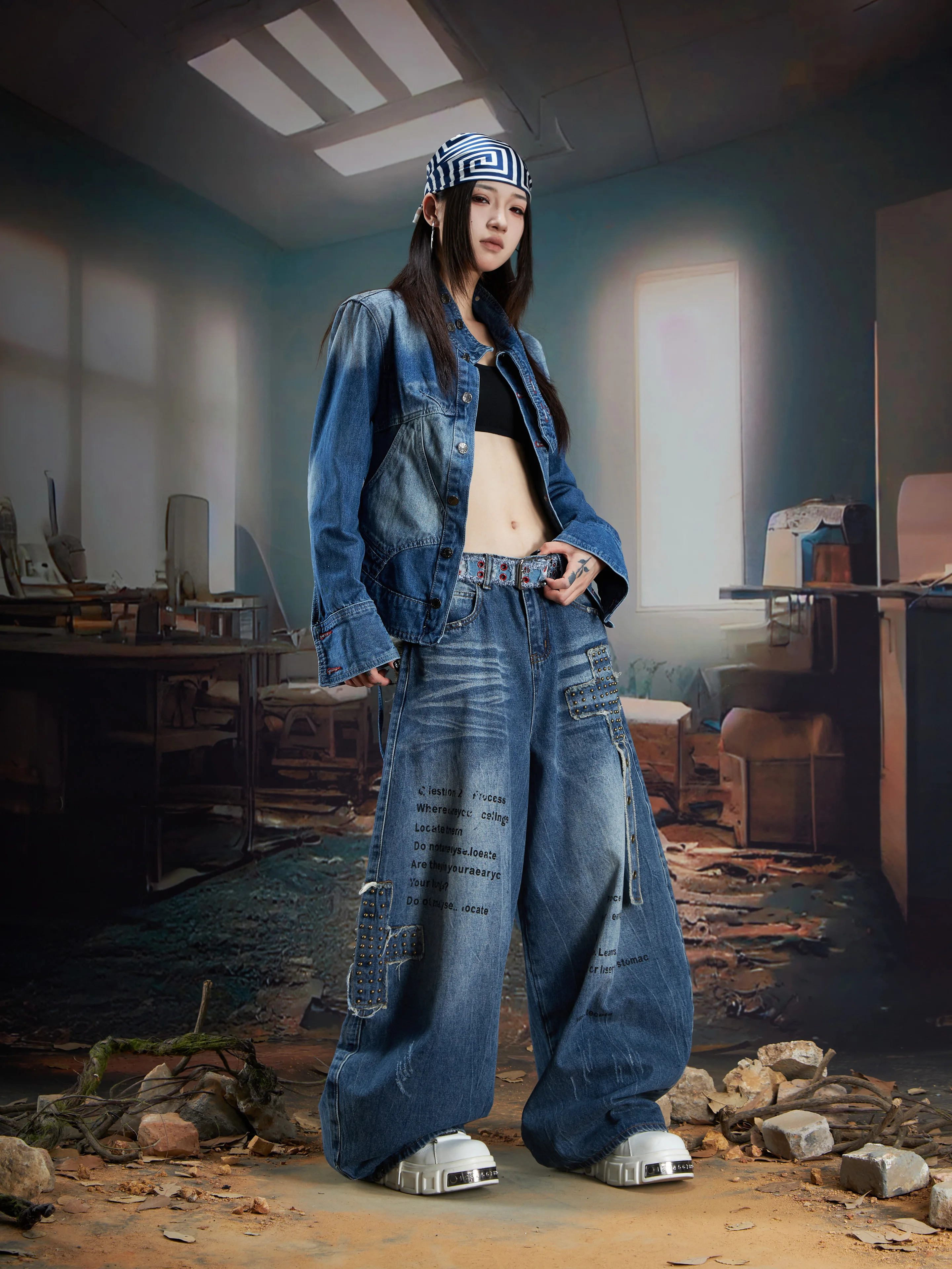 Special-Interest Design Deconstruction Stitching Old Bronze Rivet Cat Must Wash Wide Leg Machete Jeans Men and Women Fashion