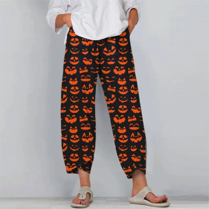 2024 Women's New Halloween Pumpkin Ghost Cosplay Funny Casual Nine-Point Pants Personalized Loose Trousers Women's Bloomers