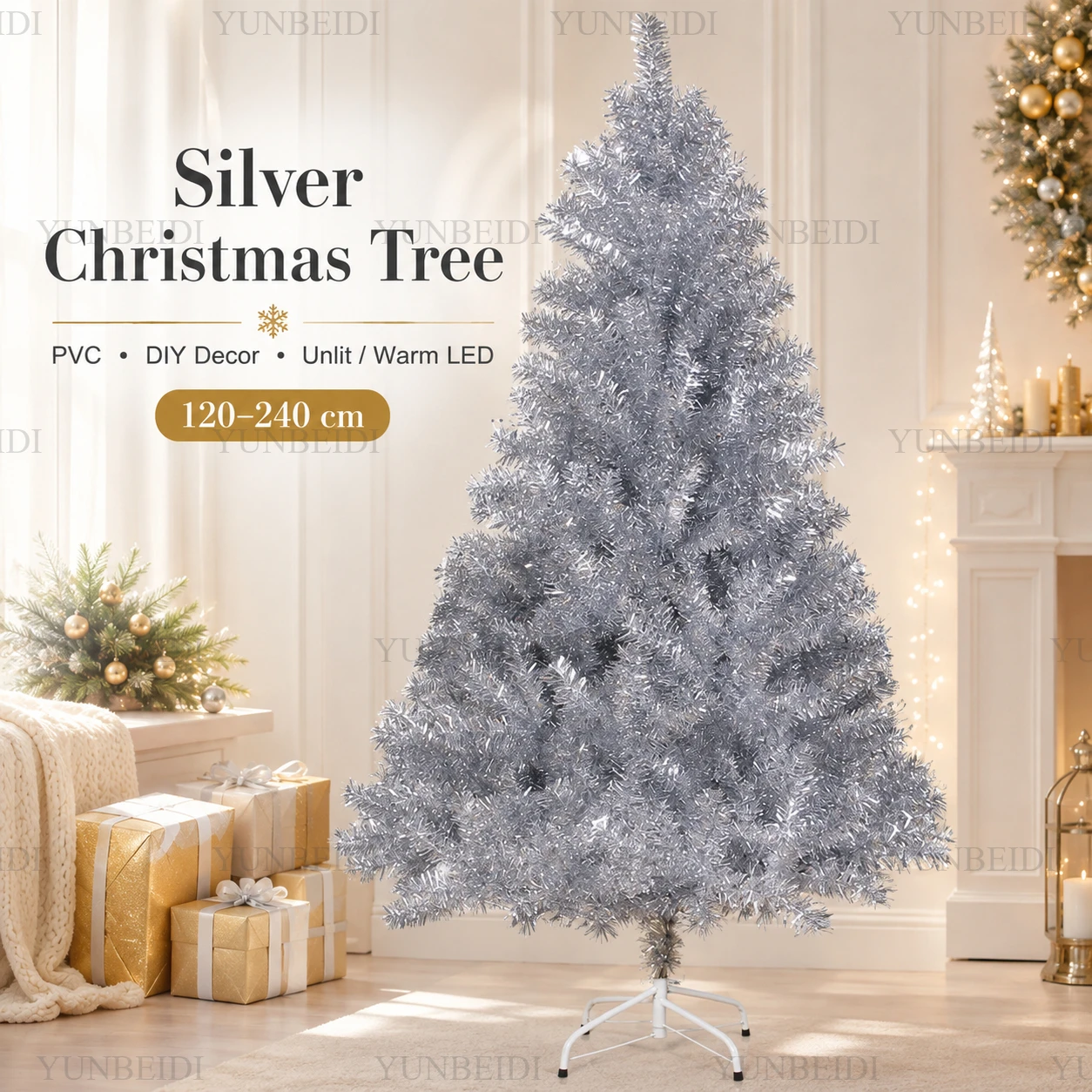 Silberner Künstlicher Weihnachtsbaum aus PVC, 120-240cm, Hochwertig mit Warmen LED-Lichtern, Weihnachtsbaum für DIY-Heimdekoration und Weihnachtspartys