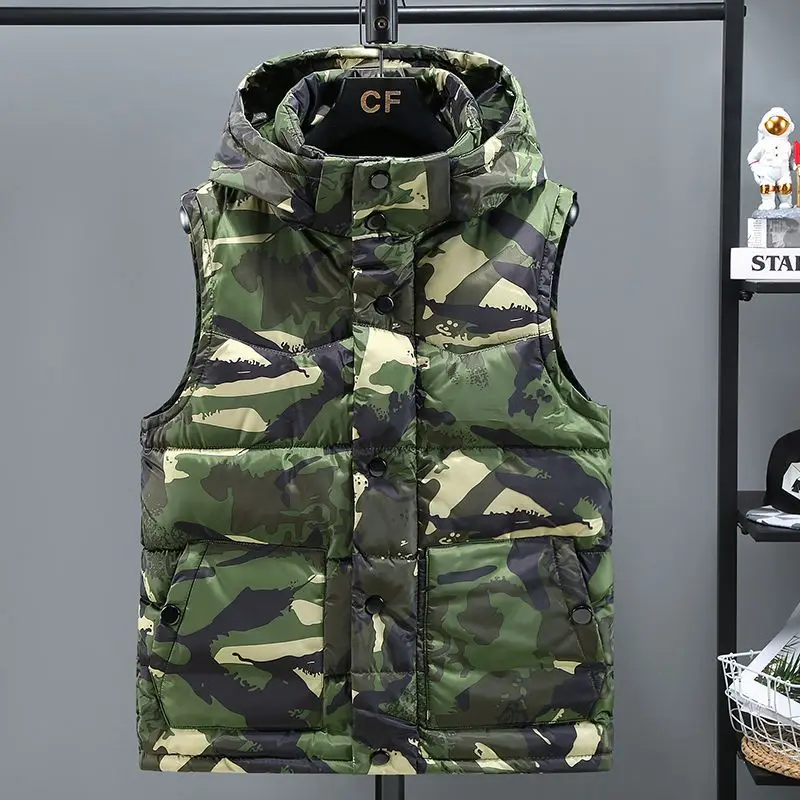 Men's Winter Camo Down Cotton Vest Thickened Casual Padded Jacket for Teens Students Korean Style Unisex Couple Outerwear