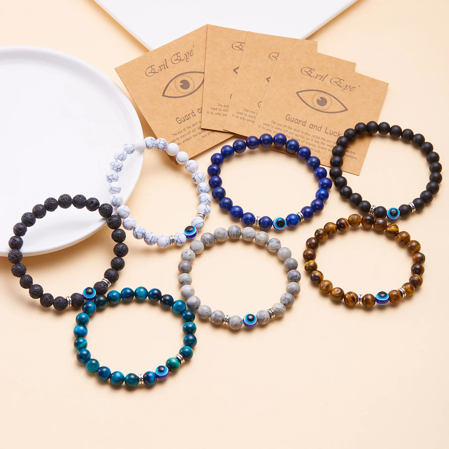 8mm Natural Stone Bracelet Lucky Turkish Evil Eye Bracelet Tiger Eye Beads Bracelets for Women Men Yoga Jewelry Pulsera Hombre