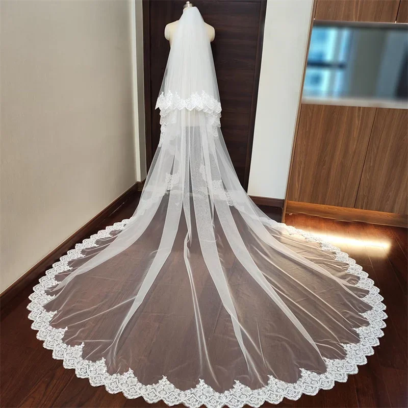 Real Photo 3+0.8m One Layer Wedding Veil With white Color Lace Edge Bridal Veils Ivory Appliqued Cathedral Wedding Veil