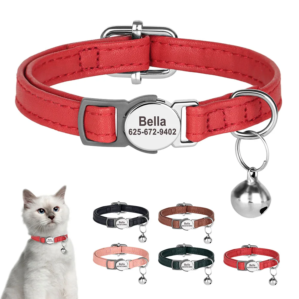 Personalized Cat Collar PU Leather Custom Kitten Puppy Collars With Free Engraved ID Nameplate Bell Anti-lost Pet Collars