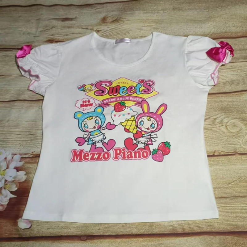 

2025 Japanese Kawaii Crop Tops Cartoon Print Lolita T-shirts Women Y2k Aesthetic Bow Short Sleeve Slim Tees Vintage Fairy Grunge