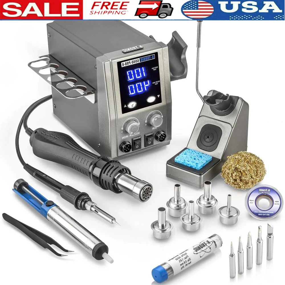 700W Hot Air Rework Soldering Station Adjustable Temp LED Display ESD Safe Solder Sucker Tweezers Solder Tube Nozzles & Tips