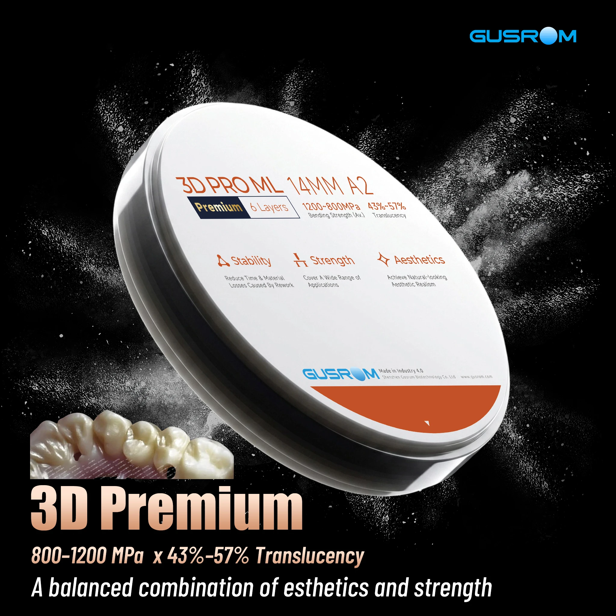 GUSROM 3D PRO Premium Multilayer Zirconia Block 98mm Dental Zirconia Disc 43-57% Translucency CAD CAM for Crown Bridge 14mm A2