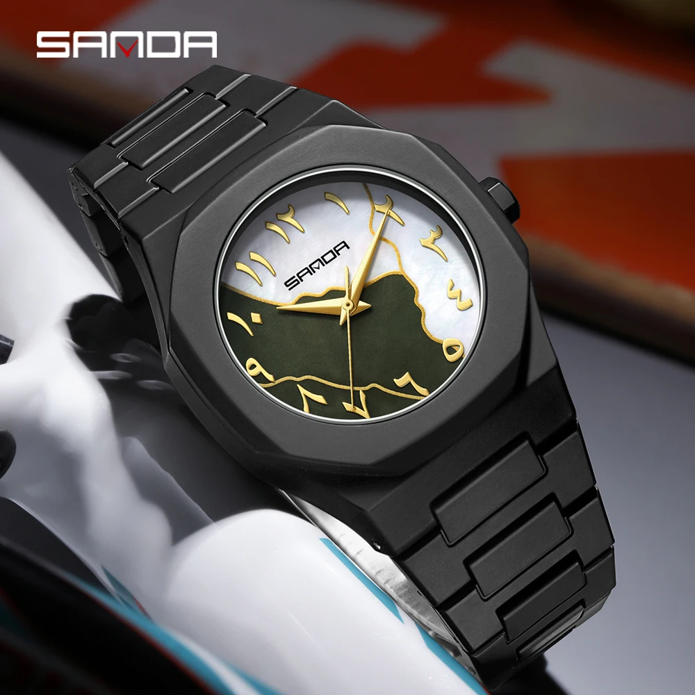 SANDA New 9091 Fashionable Quartz Watch for Men and Women, 5ATM Waterproof Octagonal Simple Dial, Matte Frosted Student Watch