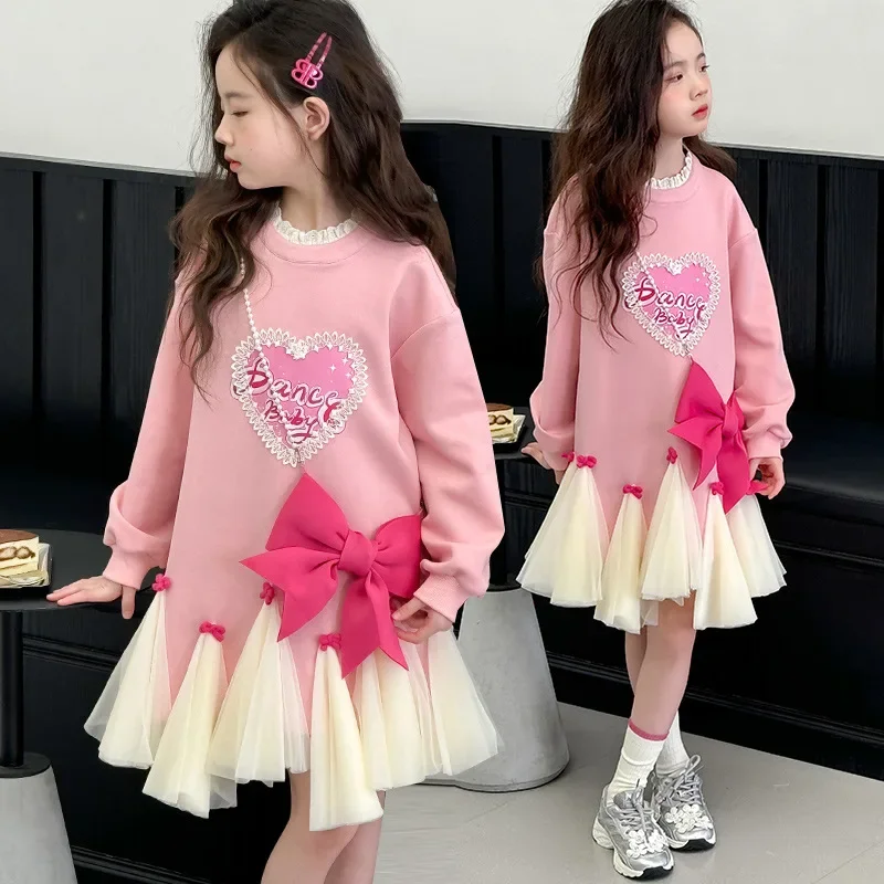 

Autumn 14 cotton teen Girls Sweater Dress Lace patchwork ruffle collar love dress+Bow tie bag 2pcs Princess skirt set outfits