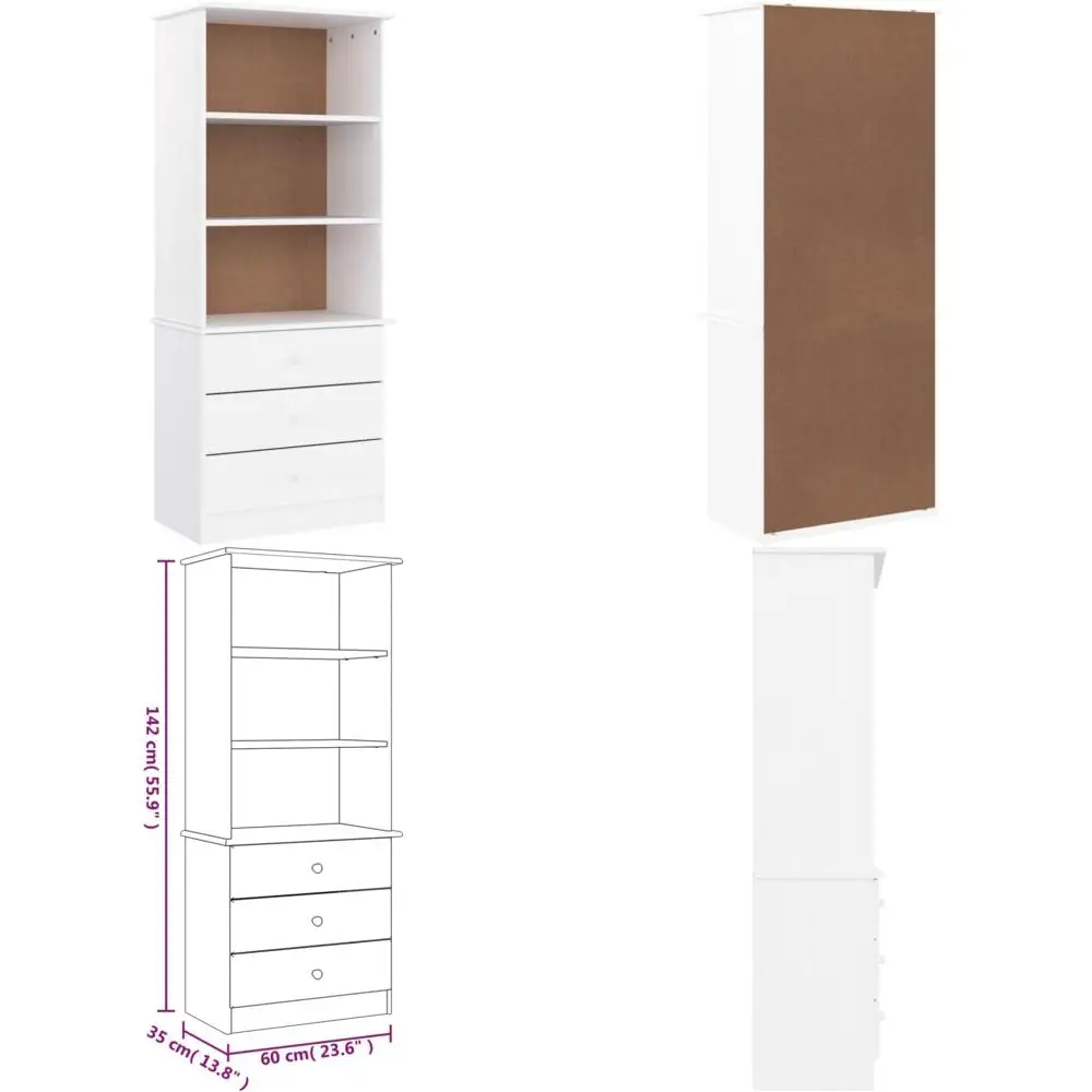 Scandinavian-Style Solid Pine Wood Bookcase - Freestanding White Bookshelf with Drawers, Storage and Display Unit