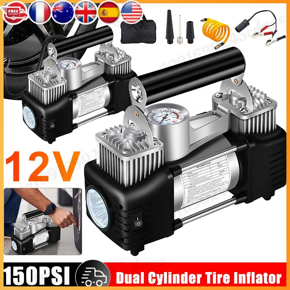 

Портативный двухцилиндровый воздушный насос 12 В, сверхмощный автомобильный насос для накачивания шин 150PSI, двухцилиндровый насос для накачивания шин, электромобильный насос для накачивания шин