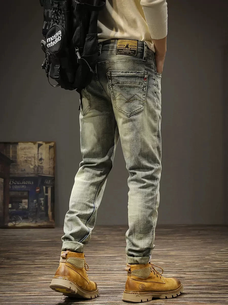 Italian Designer Fashion Men Jeans Retro Stretch Slim Fit Ripped Jeans Men Vintage Trousers Winter Thick Warm Denim Pants Hombre