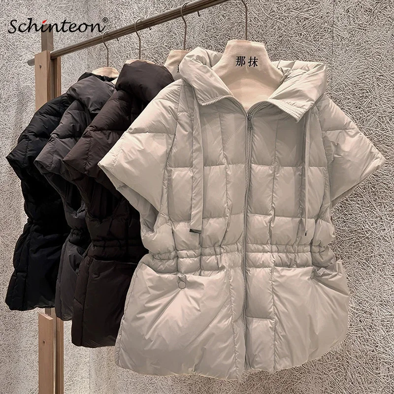 Schinteon Women White Duck Down Vest with Hood Office Lady Sleeveless Jacket Solid Color Drawstring Autumn Winter Gielt 2026 New