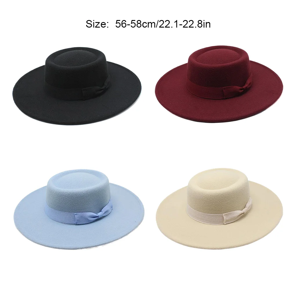 French Ladies Fedoras Top Bow Tie Fedora Hat Winter Autumn Imitation Woolen  Wedding Jazz Hats Flat Top Felt Hat Bowler Hats