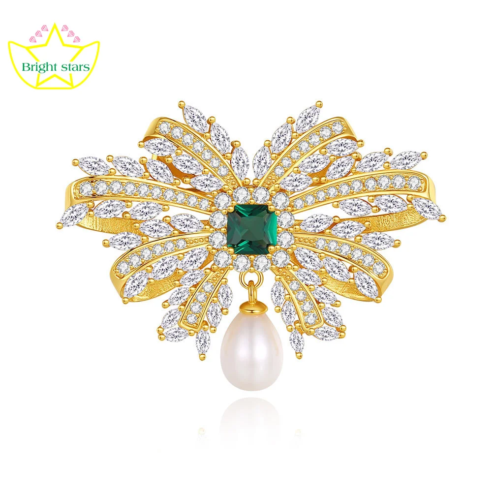 

Bright Stars s925 Sterling Silver Emerald Fresh Water Pearl Bow Brooch Women's high grade corsage pin clothing access