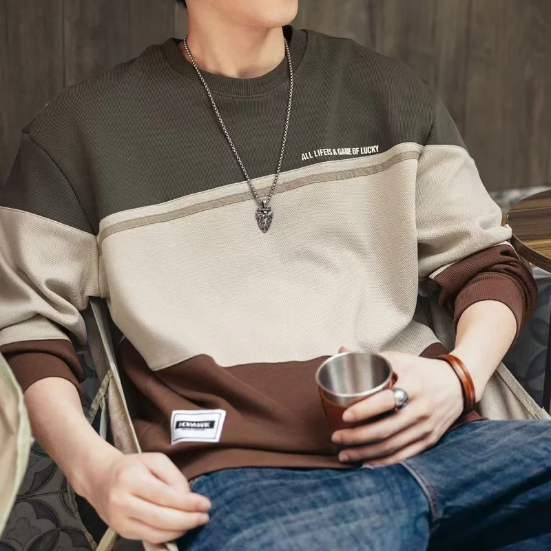 Premium americano cor bloco moletom masculino inverno solto na moda manga longa em torno do pescoço t camisa
