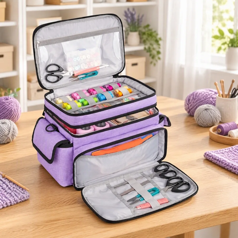 Double Layer Sewing Parts Storage Bag Portable Travel Case With Handle/Shoulder Strap For Thread Needle Scissors Organizer