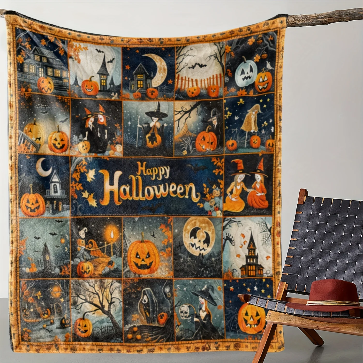 Vintage Halloween Theme Flannel Blanket - Pumpkin Witch Digital Print,Large Size Sofa Bed Office Travel