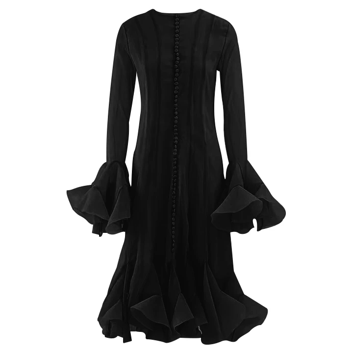 LGRQ Mesh Dress Irregular Pleated dresses, Fashion Long Lantern Sleeve Waist Cinching Knee Dress, 2025 Autumn New Clothing