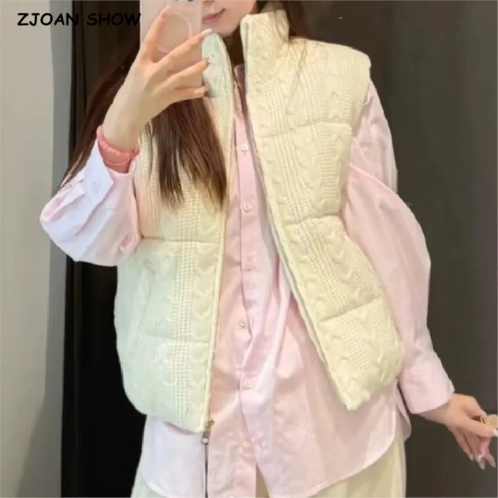 Autumn Winter CHIC Women Twist Knitting Padded Vest Sleeveless Coat Stand neck Front Zipper Waistcoat Vintage Outerwear Beige