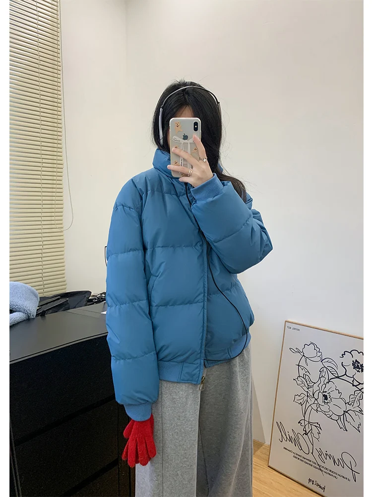 

Теплая женская свободная куртка-пуховик в корейском стиле, синяя, с наполнителем из 90% белого пуха, утепленная, приталенная, зимняя верхняя одежда