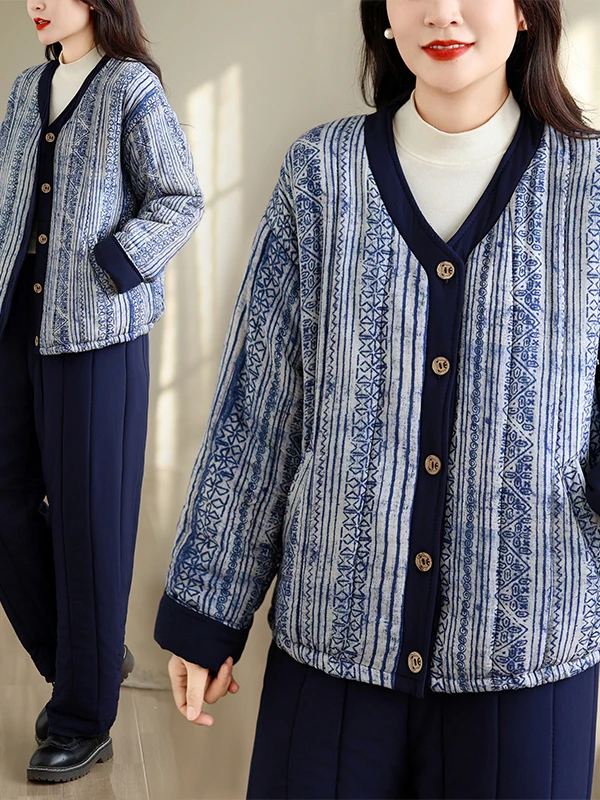 Women's Blue And White Porcelain Patterned Cotton Jacket Home Clothes Set Wearable Outdoors Striped Slimming Open Cardigan