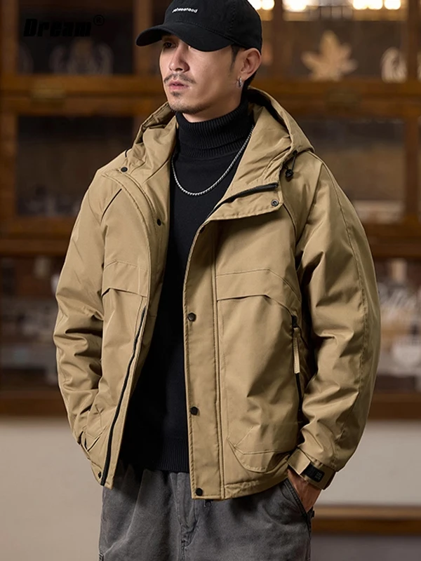 

Thiened Cotton Jaet Men's American Retro Sle Winter Coat with Hood Youth ular Loose Fit Long Sve Zipper Closure