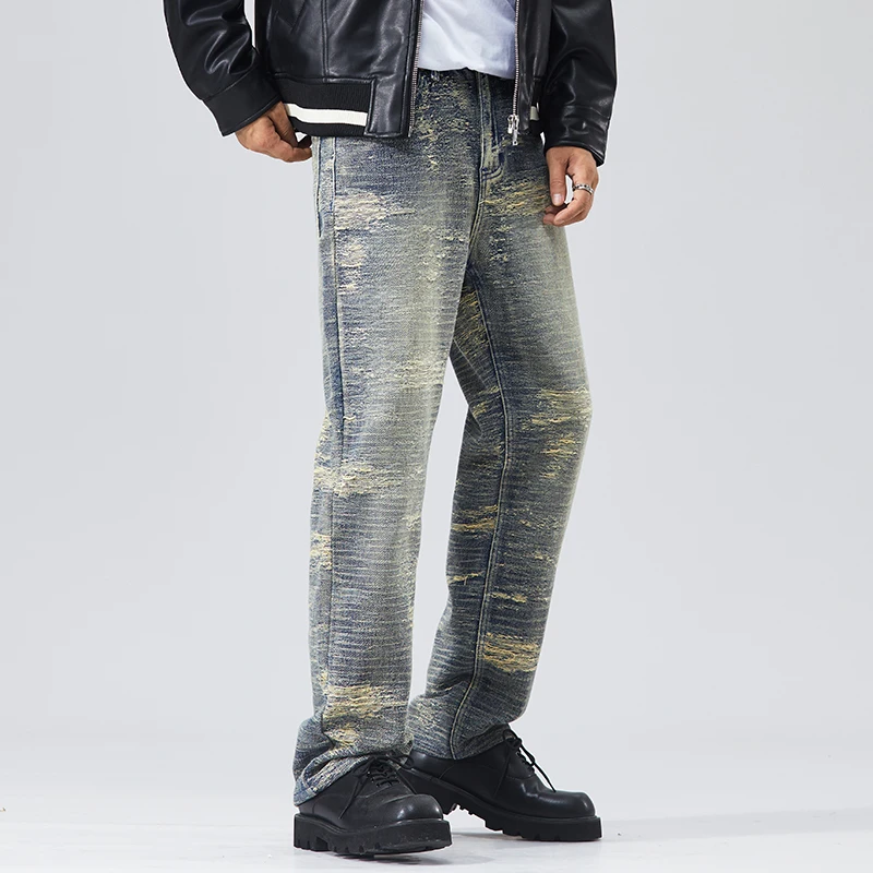 Trendy straight  loose American retro casual wide leg pants men jeans for men denim baggy jeans scratched ripped jeans