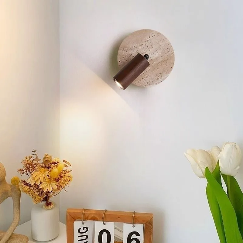 Japanese Mid Century Travertine Wall Light with Spotlight Switch Rotatable LED Bedside Master Bedroom Study Decor Novelty New view 3