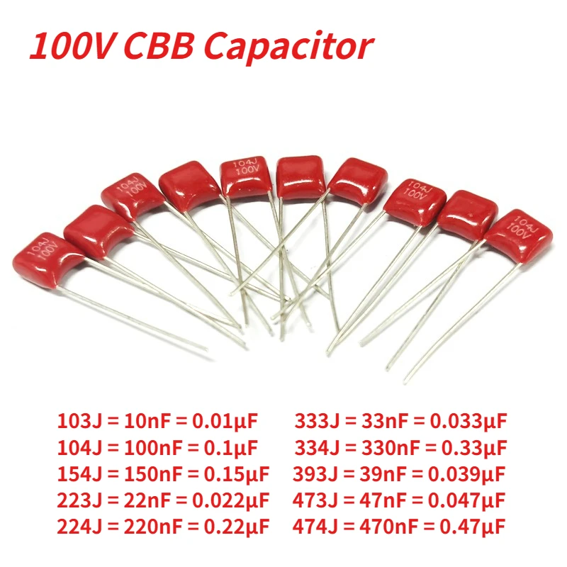 20PCS CBB Capacitor Kit 100V CBB Polypropylene Film Capacitors 10NF 22NF 47NF 100NF 150NF 220NF 330NF 470NF 103J 104J 154J 223J