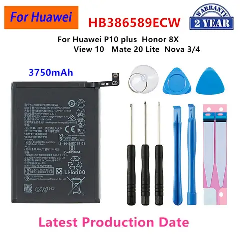 100% Orginal HB386589ECW 3750mAh Battery For Huawei P10 plus Honor 8X View 10 V10 Mate 20 Lite Nova 3/4 Batteries +Tools