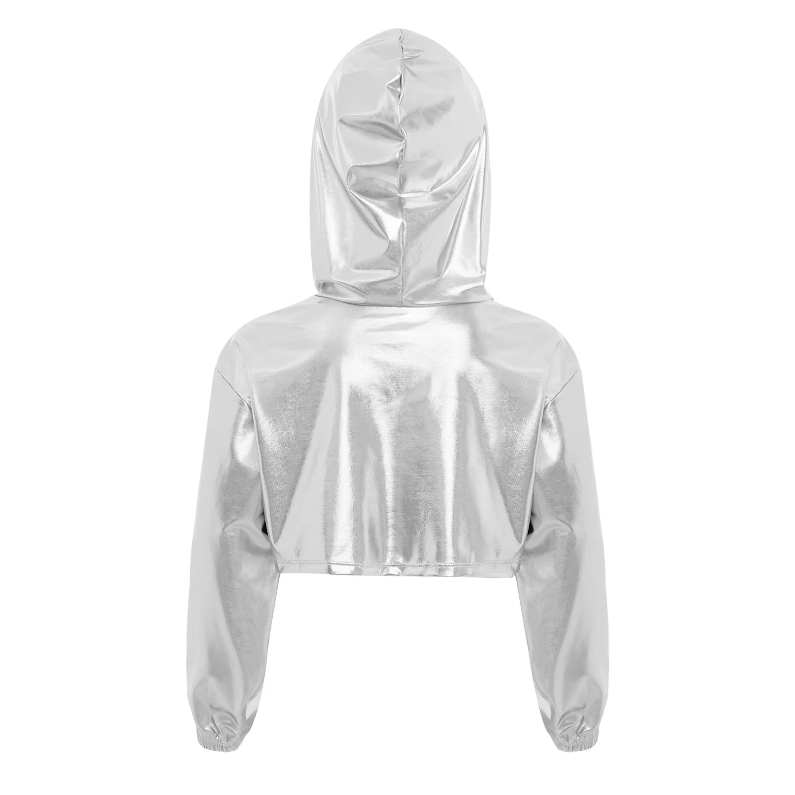 Kids Girls Metallic Hoodie Coat Long Sleeve Asymmetrical Cropped Hooded Top Hip-Hop Jazz Dance Performance Costume Streetwear