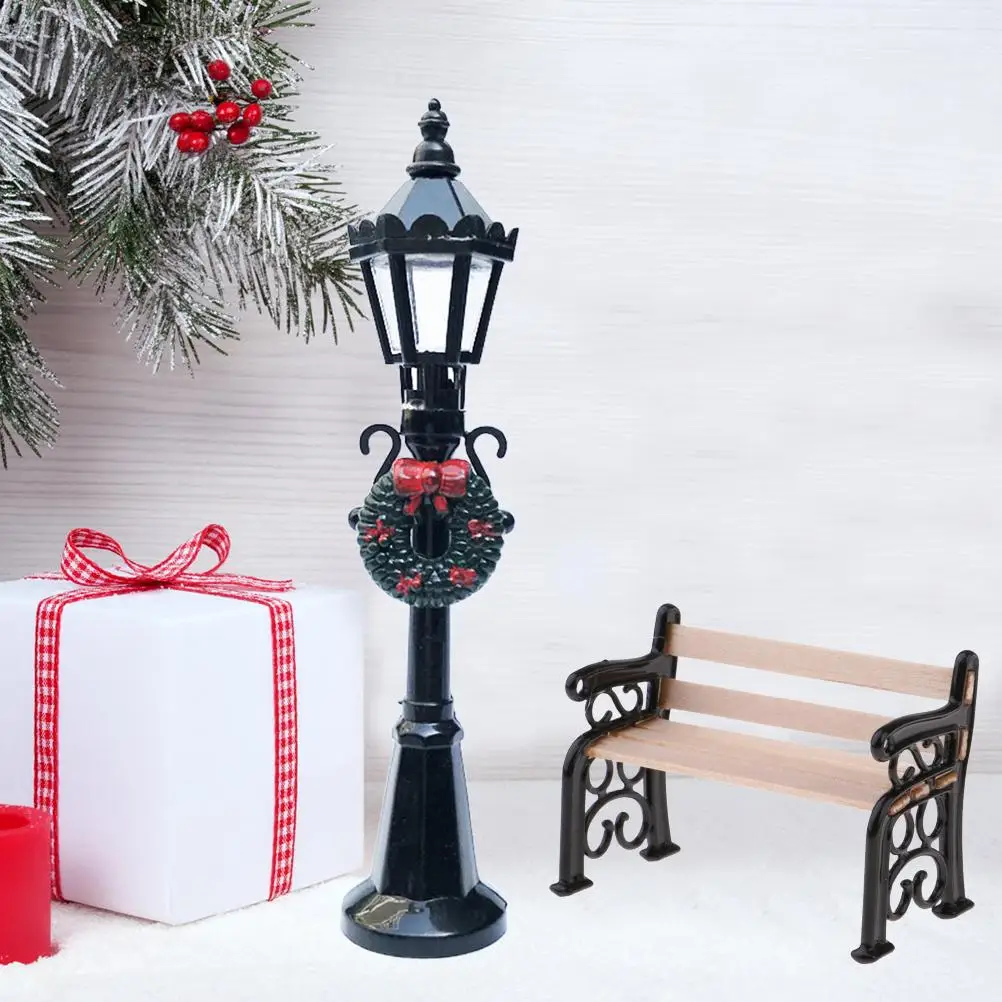 2Pcs Miniature Christmas Street Lamp Post Park Bench Seat Mini Street Light Model Dollhouse Xmas Village Pathway Fairy Garden