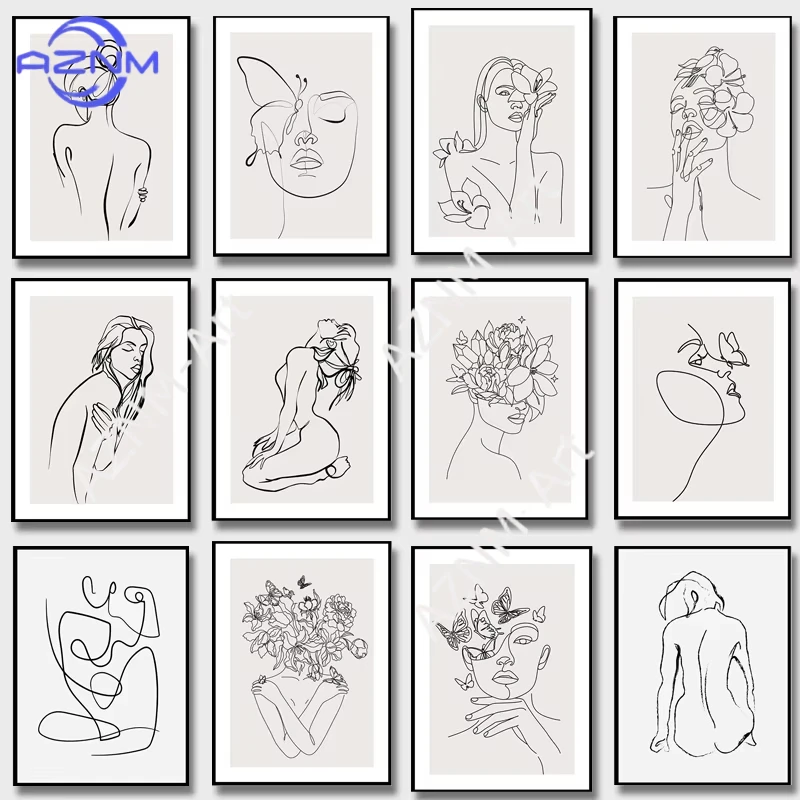 1PC Line Minimalist Art Poster Sexy Girl Body Figure Drawing Woman Head of Flowers Canvas Painting Wall Art Living Home Decor
