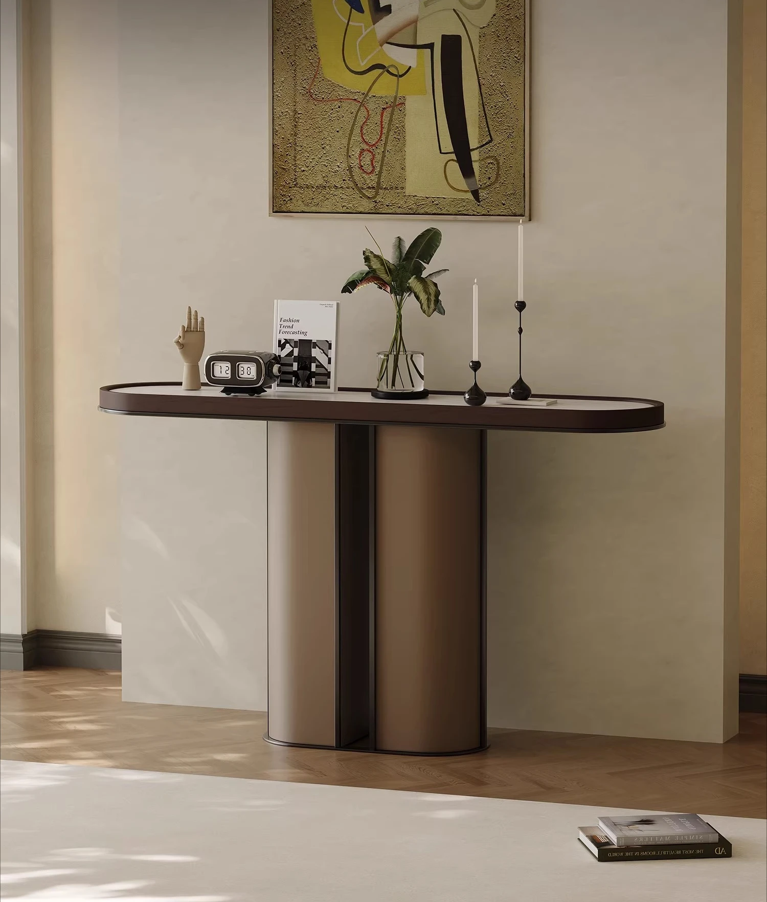 

light luxury high-end rock slab entrance living room partition art solid wood