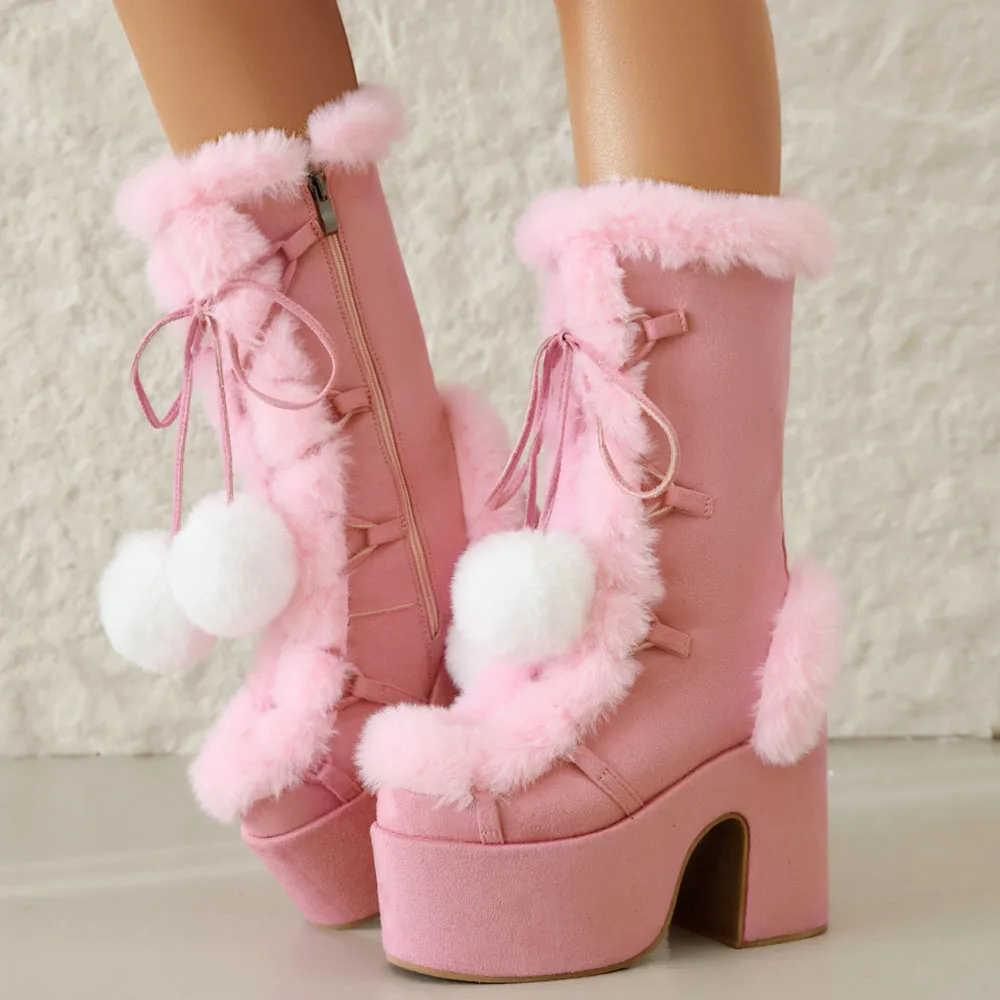 Big Size 46 Winter y2k Pink Knee High Boots Women White Chunky Platform Boots Gothic Black Faux Fur Block High Heels Boots Shoe